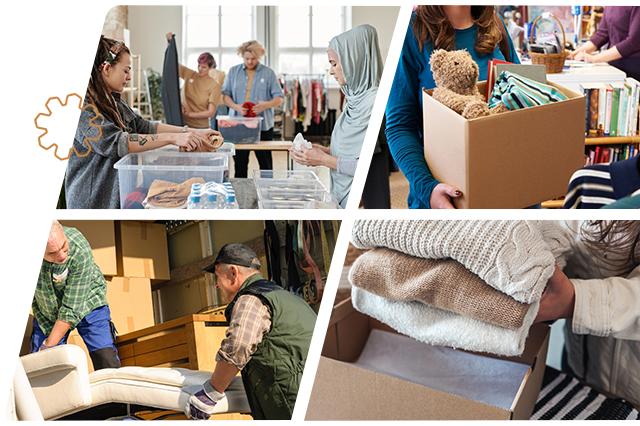 film-strip-donate-recycle-page-mobile Collage of images showing different ways to donate and recycle household items, two men collecting a donated armchair, ladies packing folded jumpers into a box & women sorting donated items ready for sale.