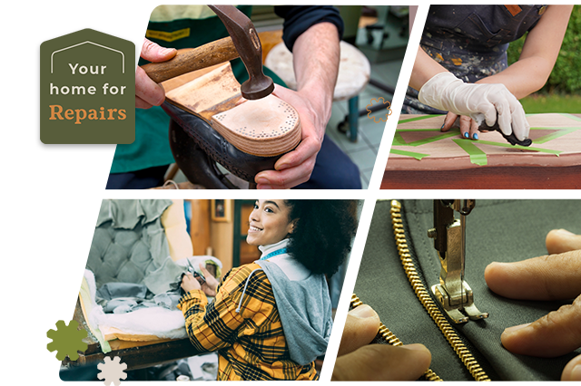 film-strip-home-mobile Group of Repair professionals fixing household items such as shoes, sideboard, zip and a chair.