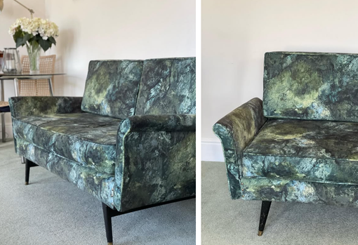 1950s sofa after reupholstery 1950s sofa after reupholstery in a green patterned fabric