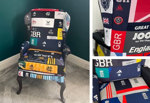 Parker Knoll armchair reupholstered in sports shirts from various sports, including Olympic kit, football, cricket and rugby shirts
