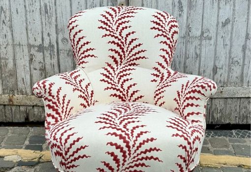 muse-bespoke-05 Reupholstered armchair in a cream and red patterned fabric