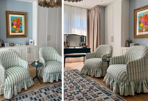 muse-bespoke-07 Two matching armchairs in a striped fabric with ruffled skirts