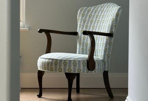 muse-bespoke-08 Reupholstered armchair with wooden arms and legs and upholstered back and seat in a striped fabric