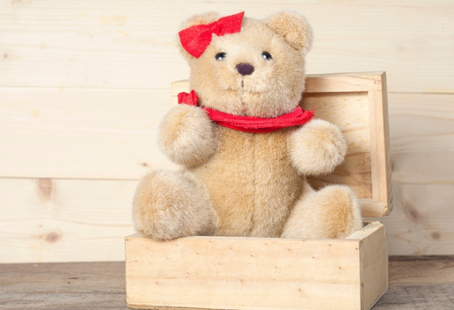 repaired-bear Repaired childhood teddy in a gift box