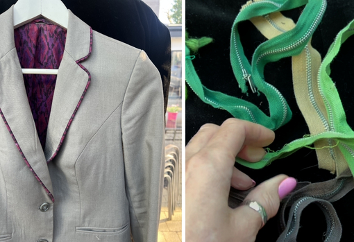 3-jackets-and-a-collection-of-zips-used-for-the-repair The jackets before they were repaired and alterd by Sarah at MyVOS
