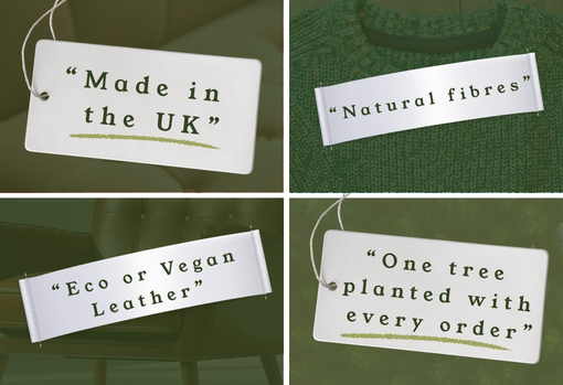 greenwashing-statments-01 A selection greenwashing statements includinhg Made in the UK, Natural Fibres, Vegan Leather