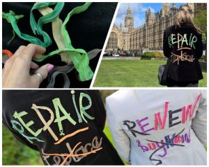 Ally & Gem wearing jackets emblazoned with statements made from zips.