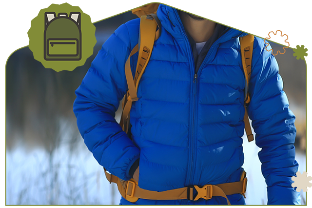 Mobile image of Blue down jacket and orange backpack showcasing the Outdoor Gear Repair category