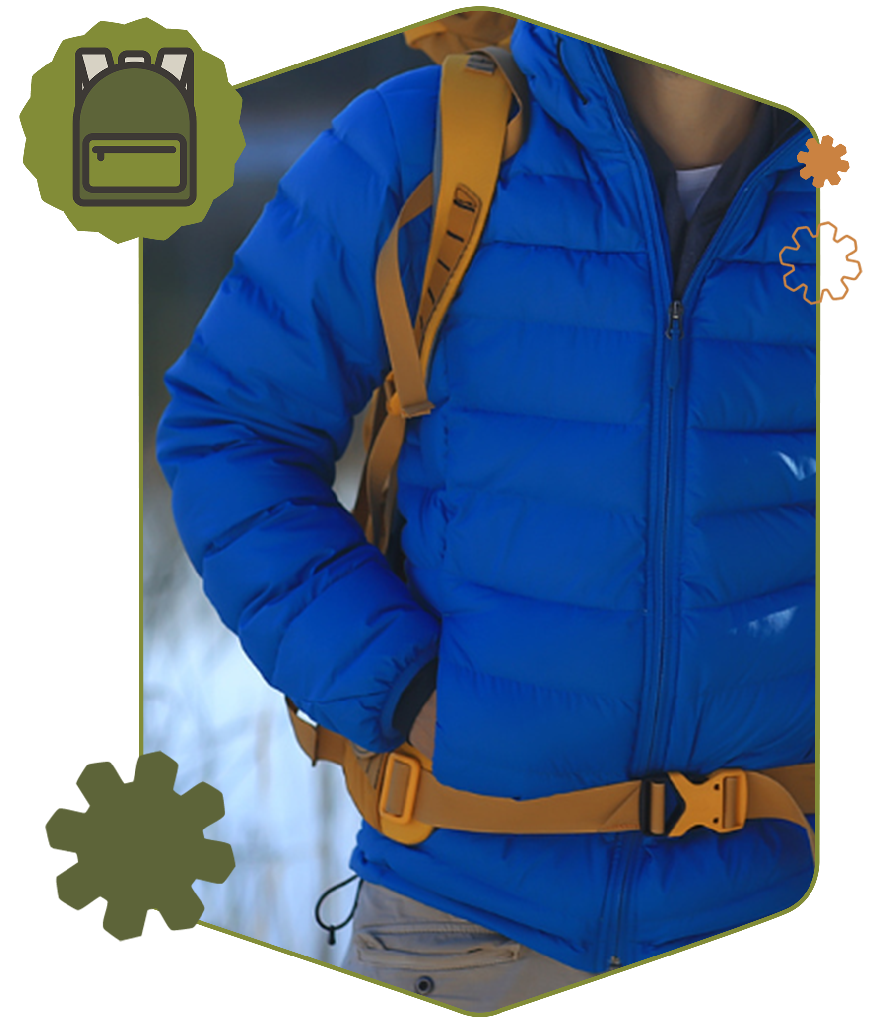 Blue down jacket and orange backpack showcasing the Outdoor Gear Repair category