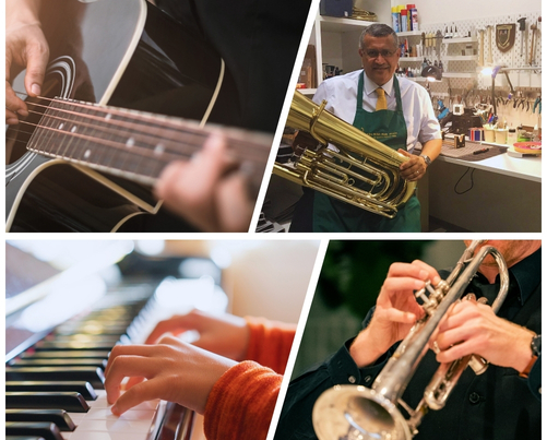 A selection of people playing a variety of instruments including a guitar and trumpet